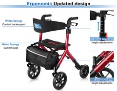 Heavy Duty Folding 300lb Rolling Wide Seat Rollator Walker With 4 Wheels Red USA
