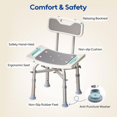 16.5 In. W Aluminum Shower Chair with Back in White, Adjustable Height, 350 Lb.