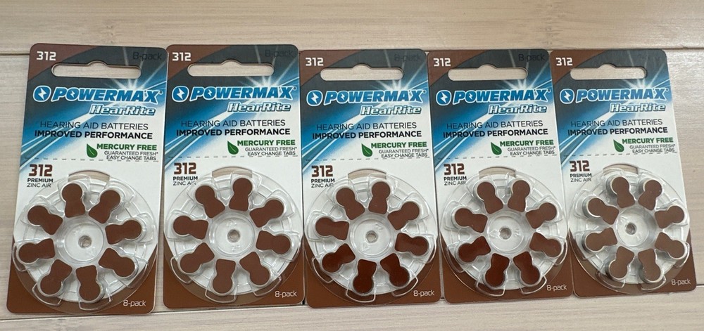 40 Count Powermax NEW HearRite USA 312 Hearing Aid Batteries Brown Tab EXP 8/25