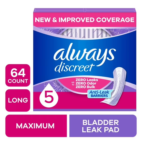 Always Discreet Adult Incontinence Pads Heavy Absorbency & Long Length, 64 Count