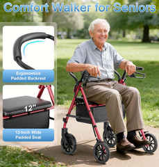 Walkers for Seniors with Seat, Portable Rollator, Red | 16 lb Lightweight,5-Leve