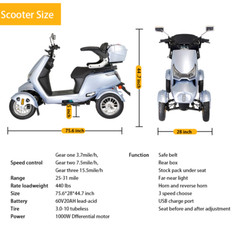1000W Four wheel Travel Mobility Scooter 60V 20AH battery Motor for Adult Senior