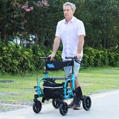 2-in-1 Rollator Walker & Transport Chair for Seniors with Seat, 10″ Wheels Blue