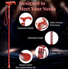 Merry Sticks Walking Collapsable Cane Ergonomic Handle & Wrist Strap DazzlingRed