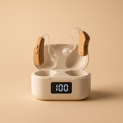 LEEL G28 BTE OTC Rechargeable Hearing Aids Pair Tan Charging Case LCD Display