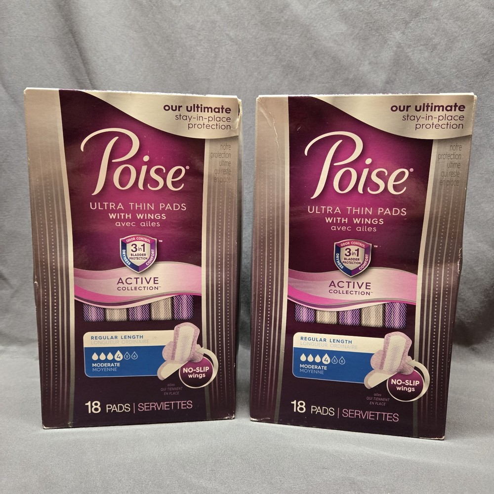 Poise Active Collection Ultra Thin Pads Wings 18 Pads x2 Regular Length Moderate