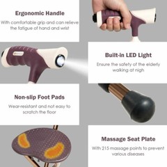 Lightweight Adjustable Folding Cane Seat Aluminum Alloy Crutch Chair W/LED Light