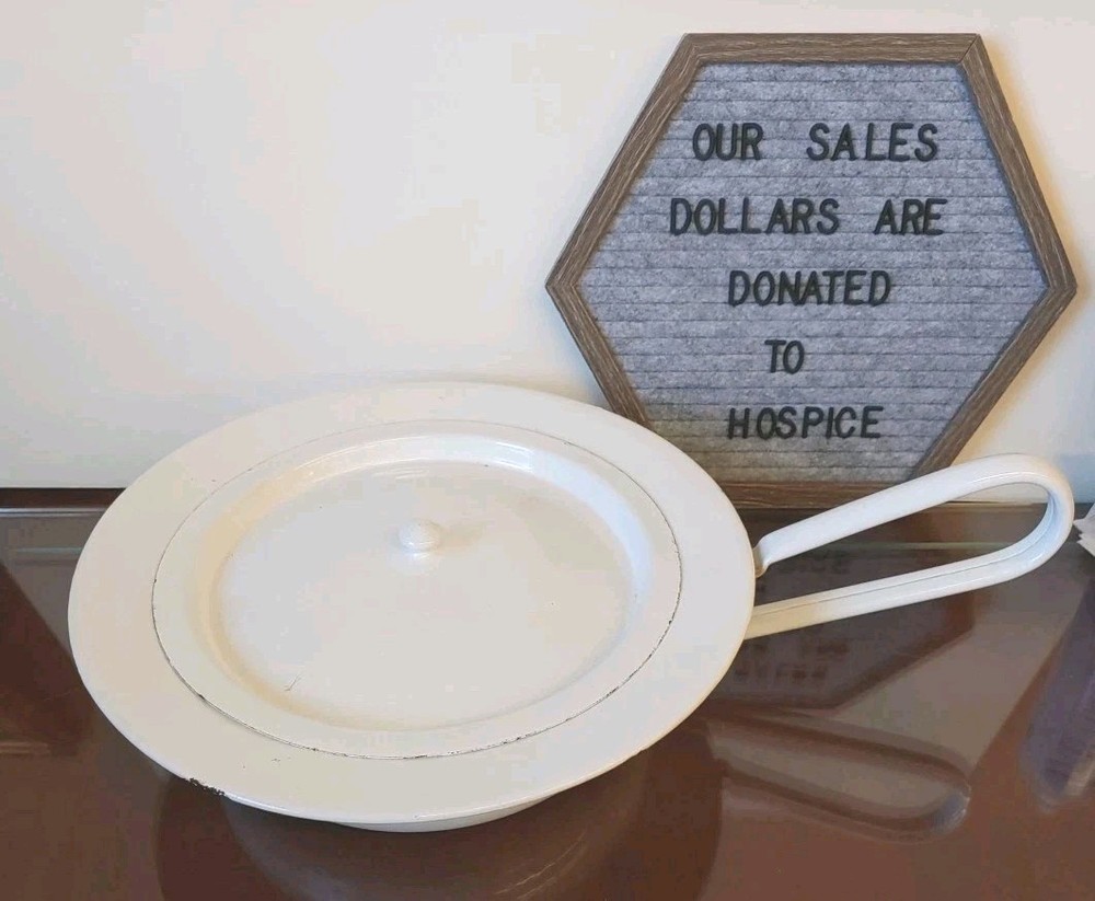 Vintage White Enamel Metal Round Bed Pan with Lid