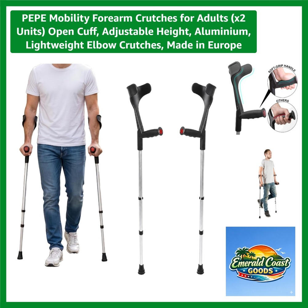 Forearm Crutches for Adults x2 Units Open Cuff, Adjustable Height, Aluminium,…