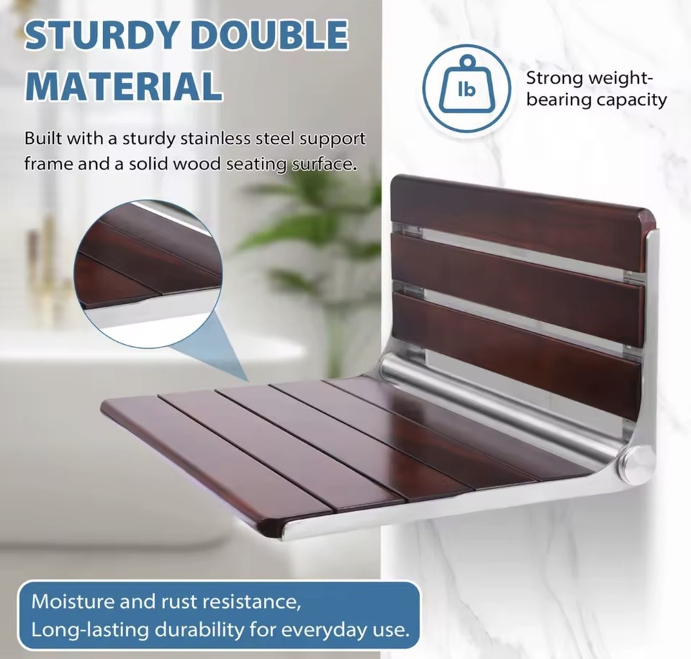 [Upgraded Version] 18″ ADA Compliant Folding Teak Shower Seat Wall Mounted