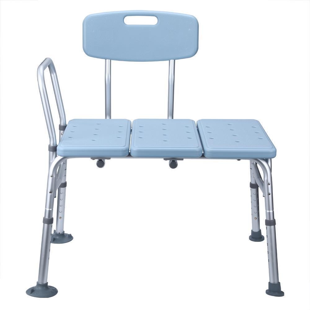 330 Lb. Height Adjustable Blue Bath & Shower Transfer Bench with Back &Side Arm