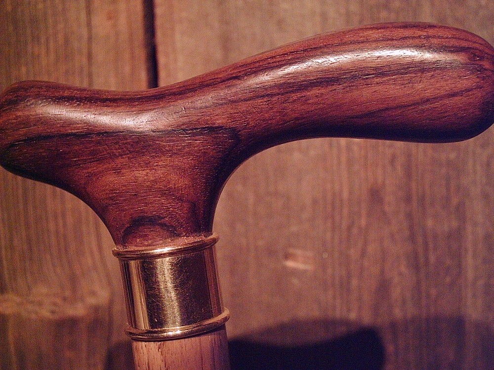 ROSEWOOD derby handle cane BRASS COLLAR HICKORY wood shaft rubber tip USA MADE