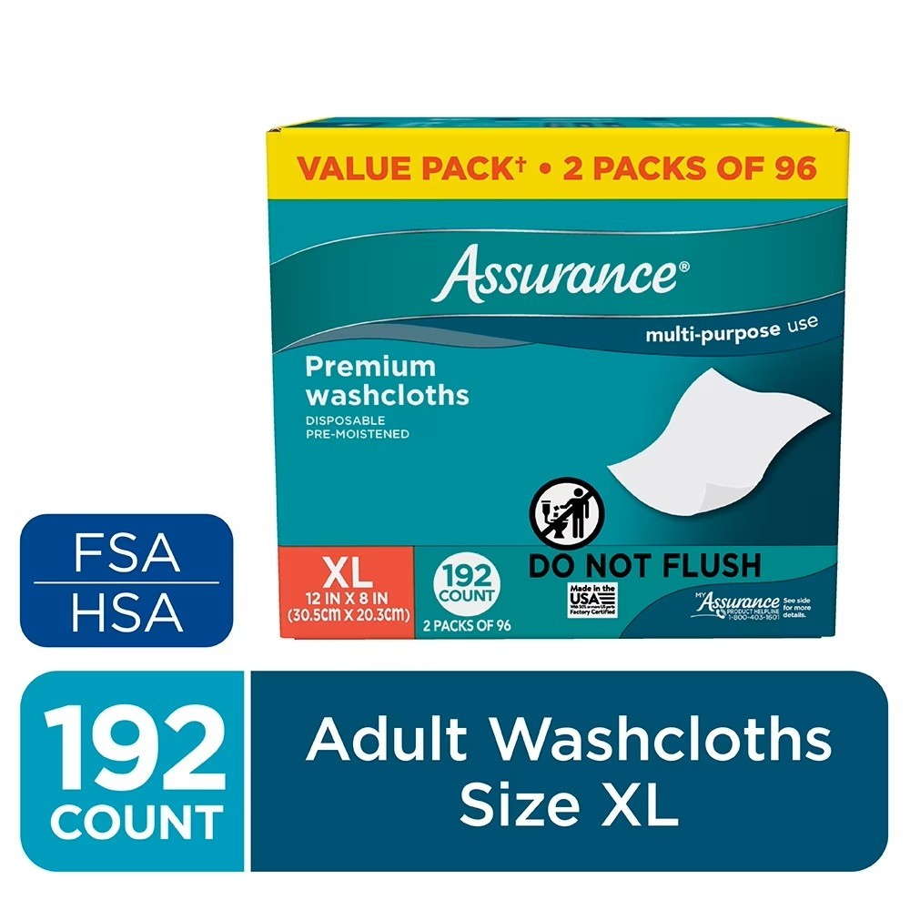 Assurance Premium XL Washcloths for Adults,Disposable&Pre-Moistened 192 Count