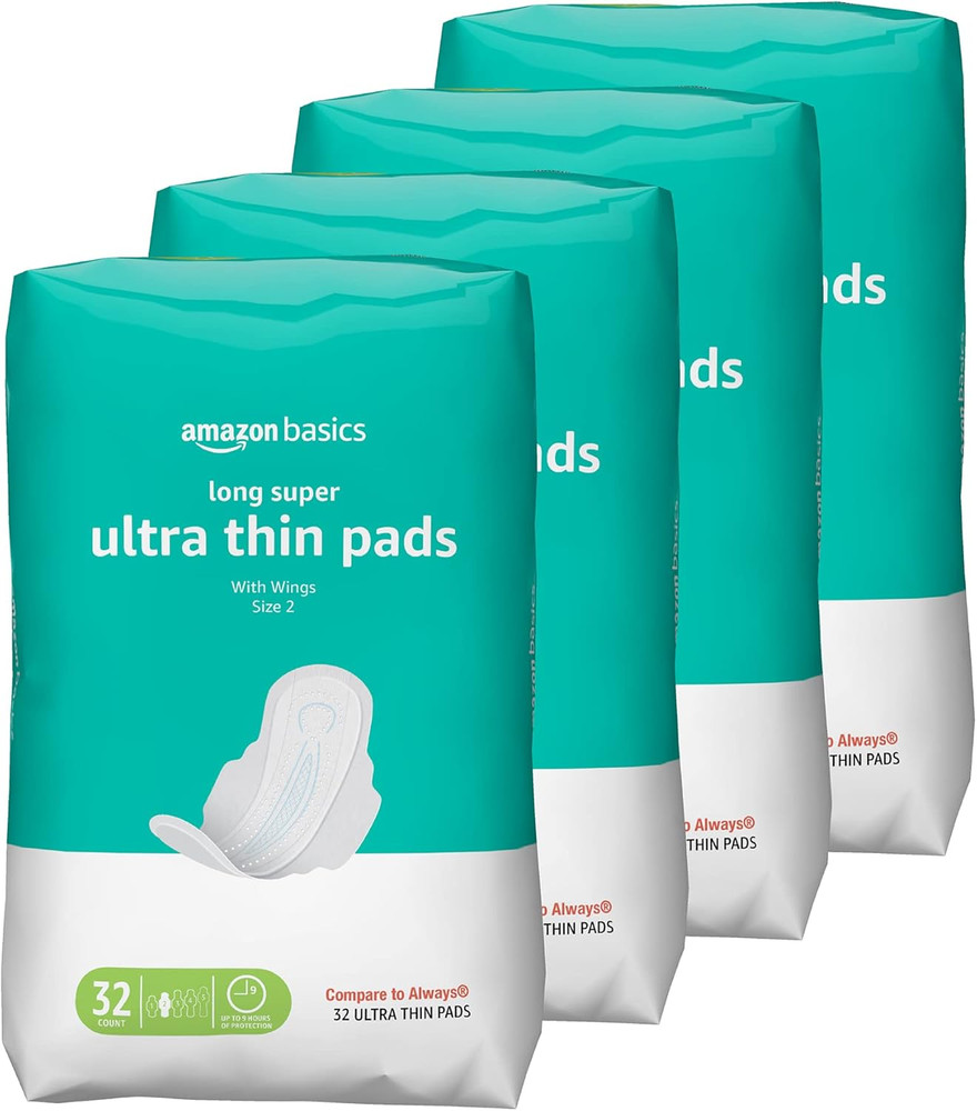 Amazon Basics Ultra Thin Pads with Flexi-Wings for Periods, Long Length, Super A