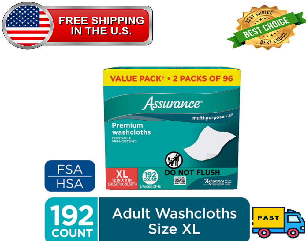 Assurance Disposable & Pre-Moistened Premium XL Washcloths for Adults,192 Count