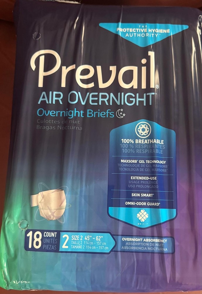 4 Prevail Air Overnight Briefs Size 2 Adult Diapers 72 Total (4 Packs 18 ct) NEW