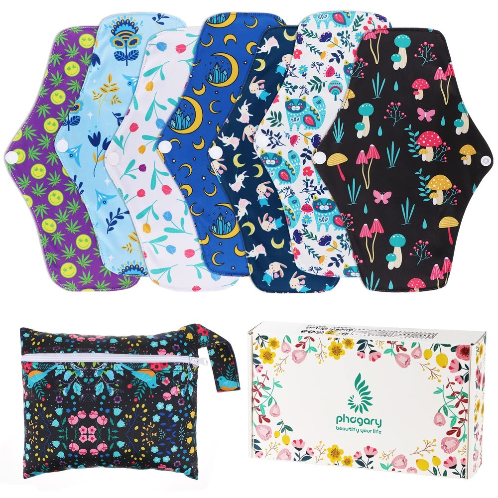 PHOGARY Reusable Menstrual Pads, Bamboo Cloth Pads 9 Piece Set, Colorful-b