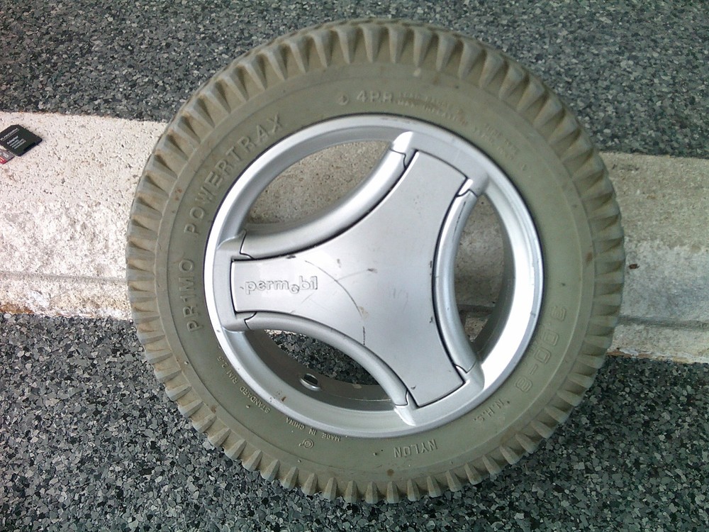 3.00-8 Gray Permobile Grey Tire on a Silver 3 Spoke Rim #5459