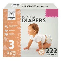 Member’s Mark Premium Baby Diapers, Size 3 (16-28 Pounds), 222 Count