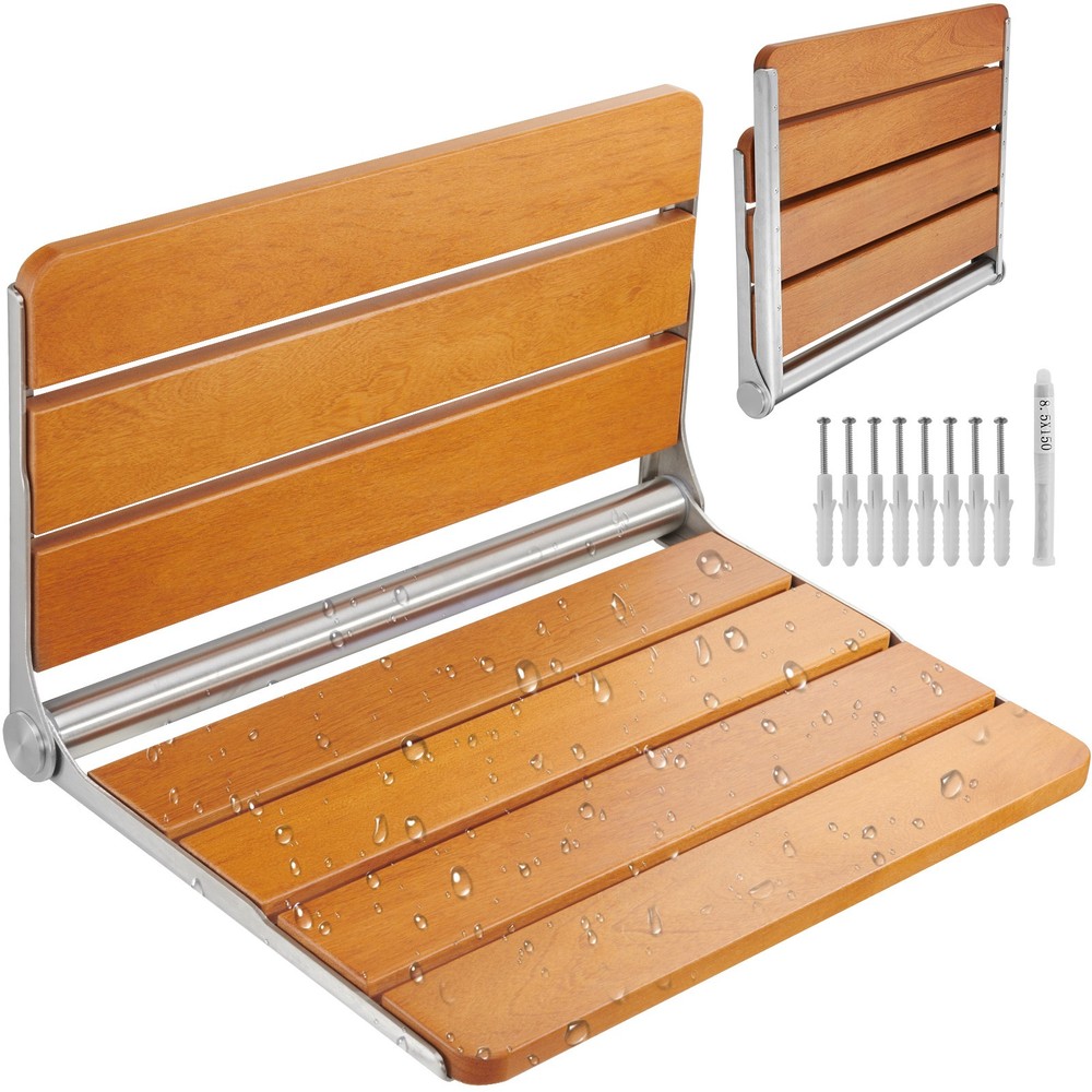 Teak Wall Mount Folding Shower Seat, Fold Up Bench – 500 lb Capacity