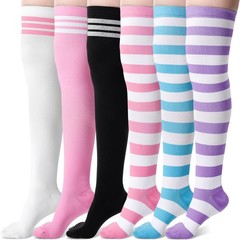 Chicingyo 6 Pairs Thigh High 15-20 mmHg, White, Pink, Blue, Purple