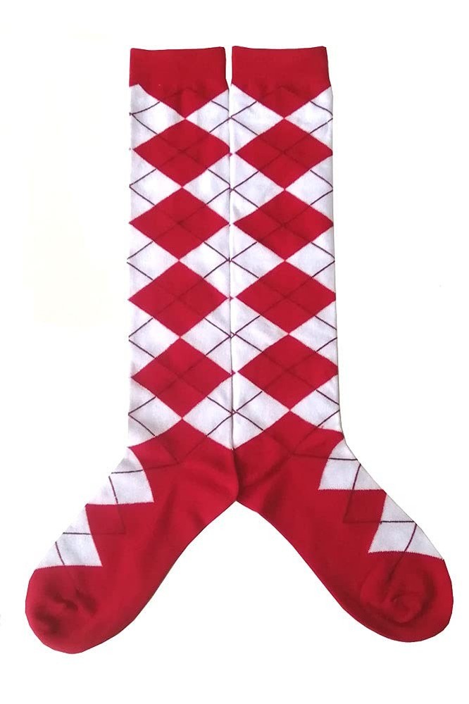 Mens Argyle Golf Knee High Socks, White/Red, Men Size: 9-13