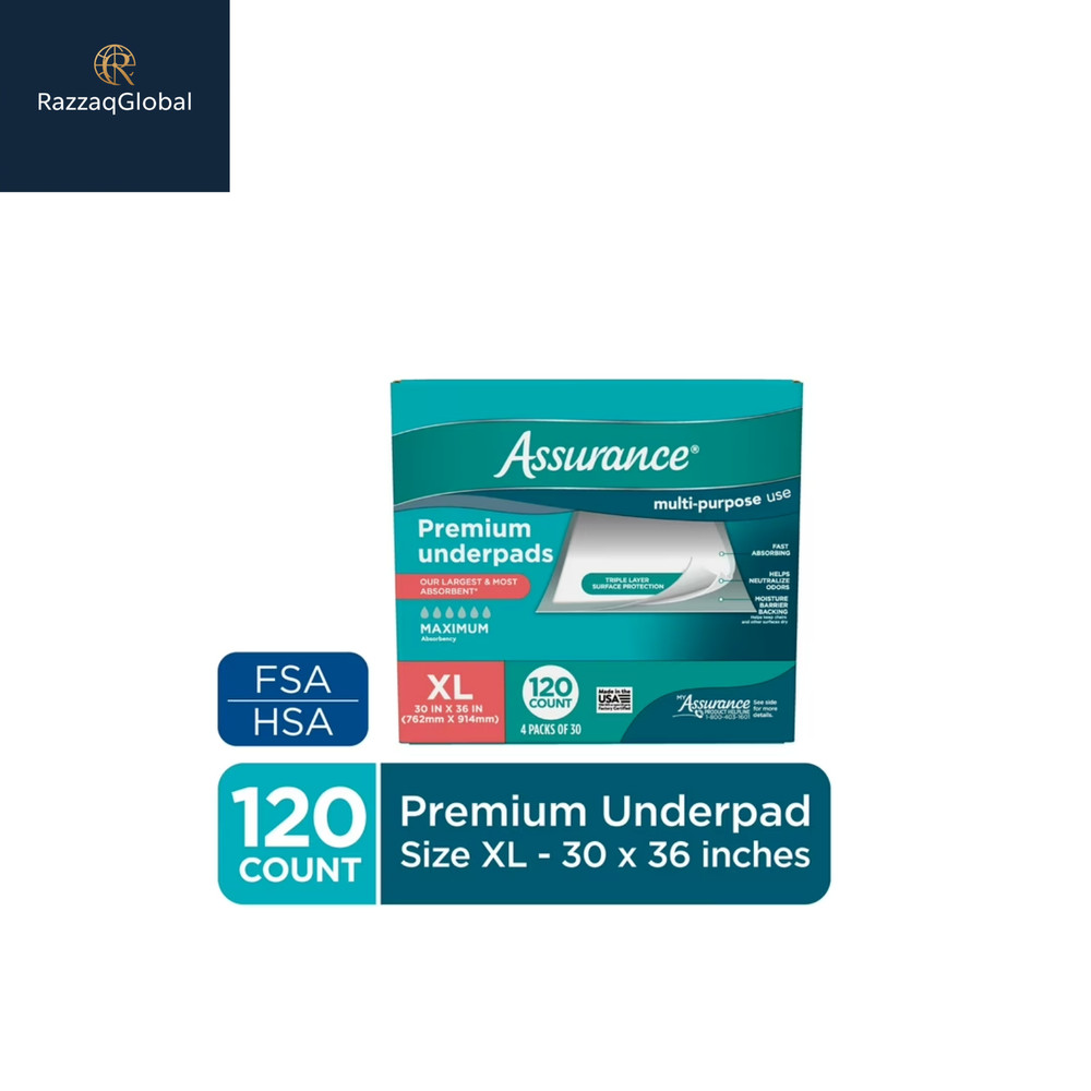 Assurance Unisex Premium Underpad, Maximum , Extra Large 30″ x 36″ (120 Count)