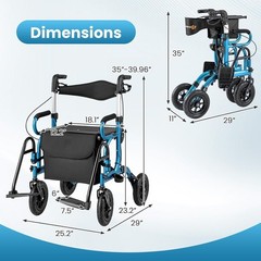 Rollator Walker & Wheelchair, 308lb Capacity, Adjustable Height, Black