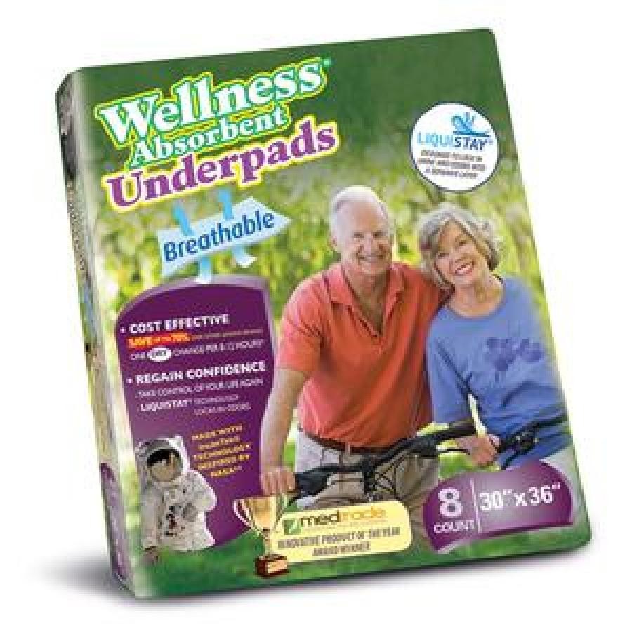 Wellness Absorbent Underpad 30×36″ Breathable Disp. 9500mL Capacity Non-Woven, 8