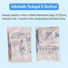 4 Pack 1000ml Nephrostomy Bag Urine Drainage Bag 47″ Silicone Tube T-Tap