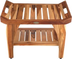 Solid Teak Shower Bench w/Shelf Arms Scandinavian Vibe Bath Spa Safety Seat 24″