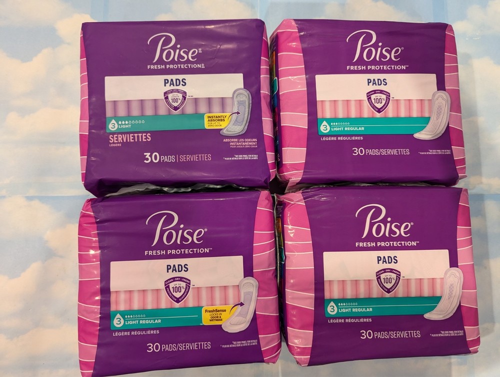 LOT (4) POISE PADS REGULAR LENGTH LIGHT ABSORBENCY 30 PADS EACH