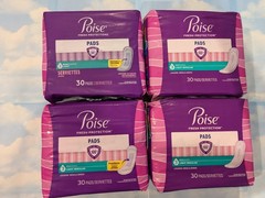 LOT (4) POISE PADS REGULAR LENGTH LIGHT ABSORBENCY 30 PADS EACH