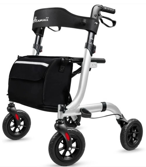 Henmnii Lightweight All Terrain Rollator Walker w/ Seat & 8″ Wheels – Silver