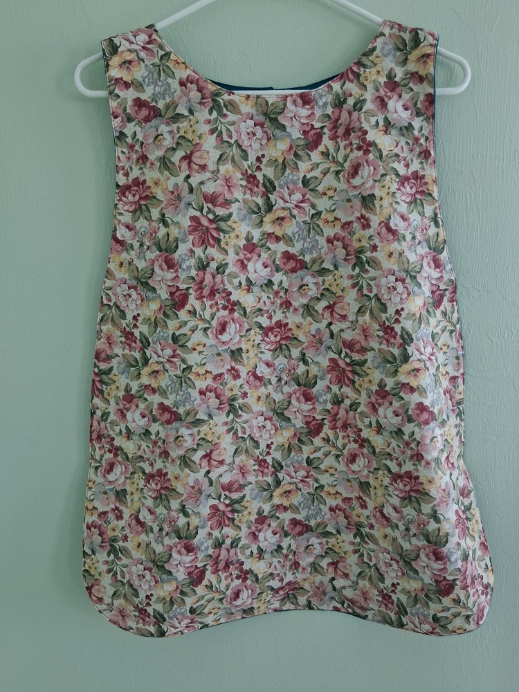 Red flowers/dark teal, Adult Bib, Handmade , 35 1/2” by 21 ½”, reversible