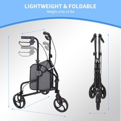 Mobility 3 Wheel Upright Walker 14Lb Foldable Rollator Tri Scooter for Seniors