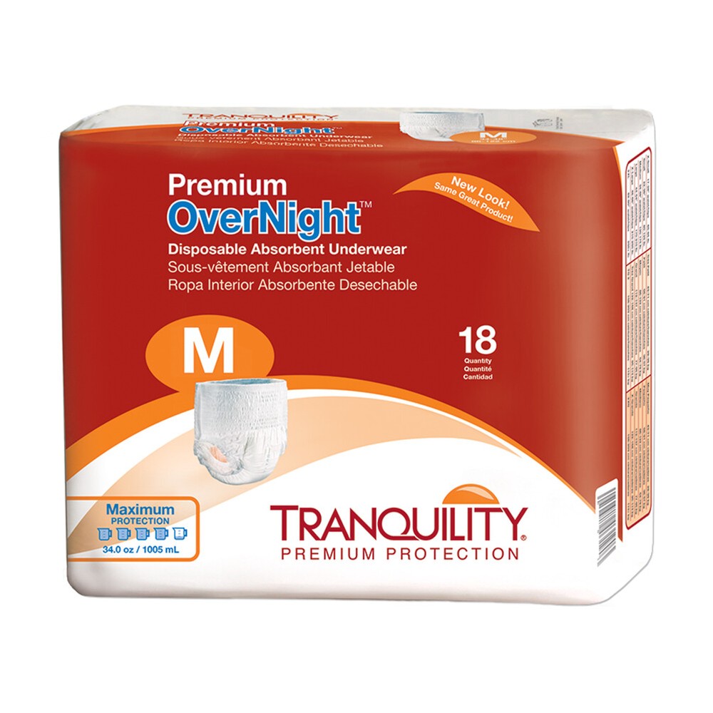 Tranquility Premium Overnight Absorbent Brief, Medium, 34“-48“, Pack of 18
