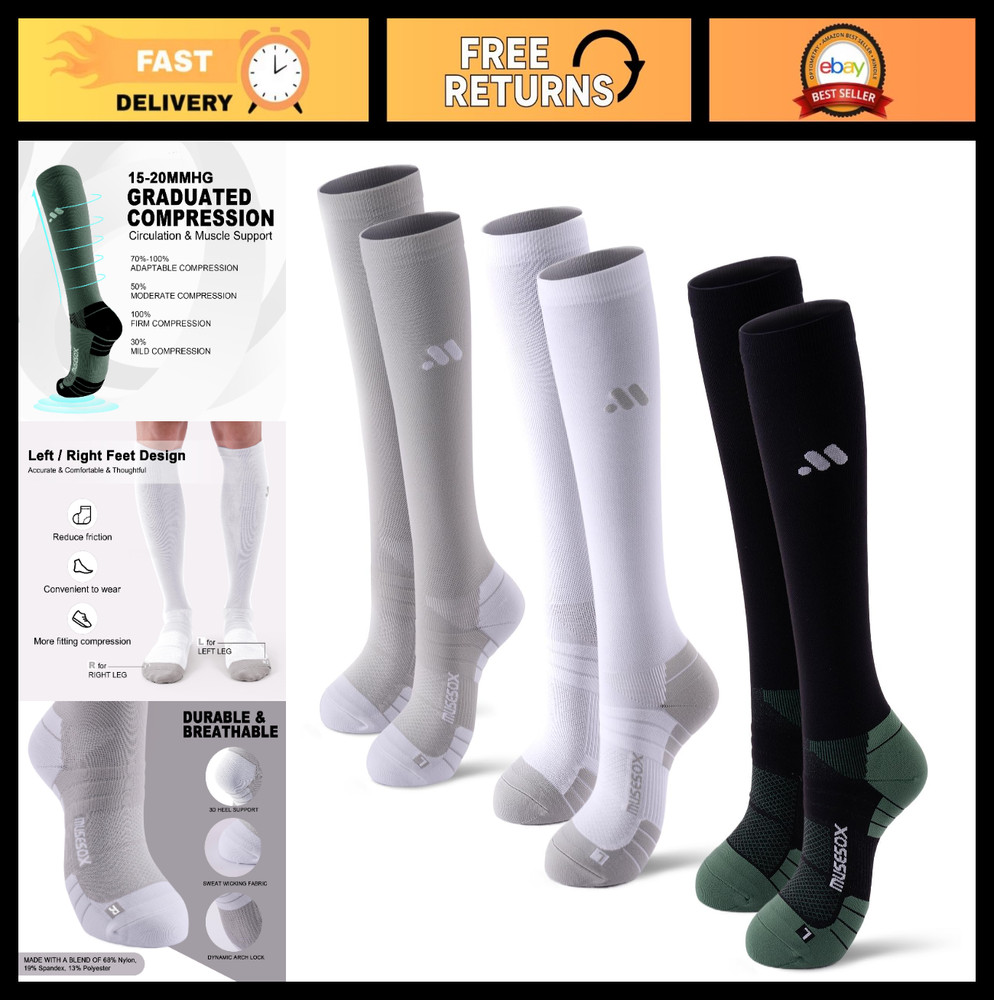 Knee High Compression Socks 15-20mmHg for Men & Women – 3 Pairs, Ideal for Nurse