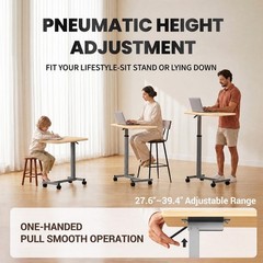 Pneumatic Adjustable Overbed Bedside Table with Wheels 23.62 x 15.75 x 39.37 in