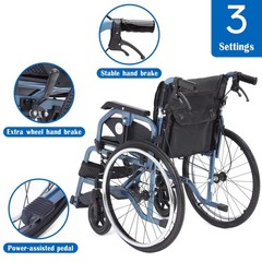 Medwarm Foldable Lightweight Wheelchairs with 22 Inch Rear Wheel, Blue