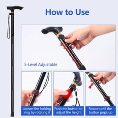 Folding Walking Cane Adjustable Height 5 Levels Portable Lightweight Mobility