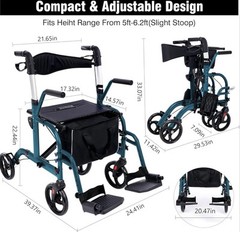 Winlove 2-in-1 Rollator Walker Transport Chair w/ Padded Seat for Seniors
