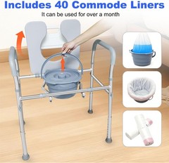 Bedside Commode with Padded Seat & Backrest 3 in 1 , 40 Liners, 6.5QT Bucket