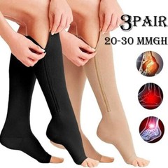 3 Pair Compression Socks Zippered Open Toe 30-40mmHg with Zipper Safe Protection