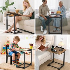 C-Shaped Side Table 8-Level Height Adj, Tiltable, w/ Phone & Tablet Slot, Brown