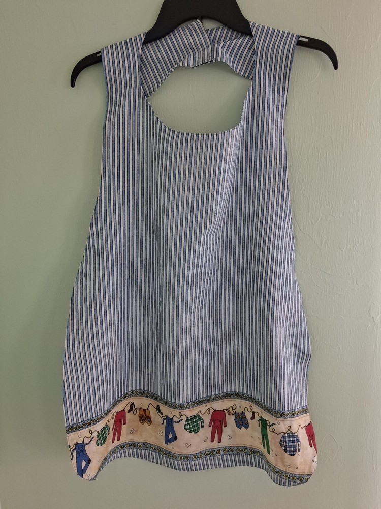 Clothesline/Blue&White Adult Bib, Handmade , 35 1/2” by 21 ½”, reversible