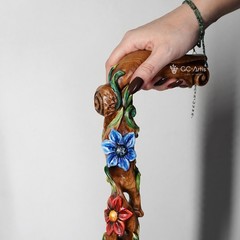 Flower field Elegant Light Wood Hand and Hand Painted Carved Walking Stick