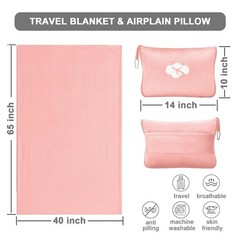 Travel Blanket and Pillow Compact, Premium Solid Pink(40″*65″), Pink