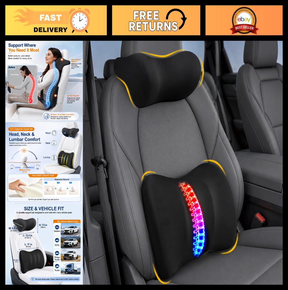Lumbar Back Support Pillow Set for Car | Memory Foam Neck Headrest, Adjustable S