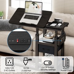 Height Adjustable Overbed Table with Wheel and Charging Station, Tiltable Des…